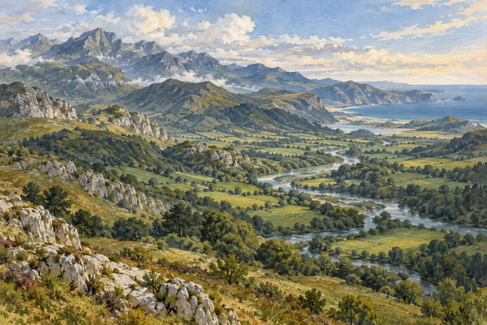 Montañas, valle fluvial y costa en un paisaje asturiano imaginario.