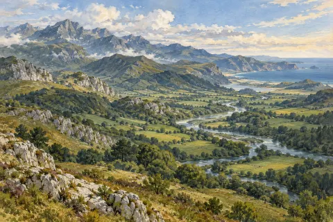 Montañas, valle fluvial y costa en un paisaje asturiano imaginario.