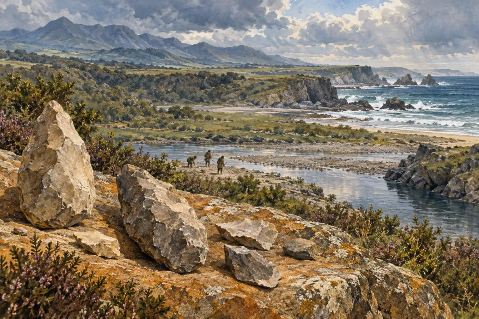 Herramientas de piedra junto a un río y un pequeño grupo humano al fondo.