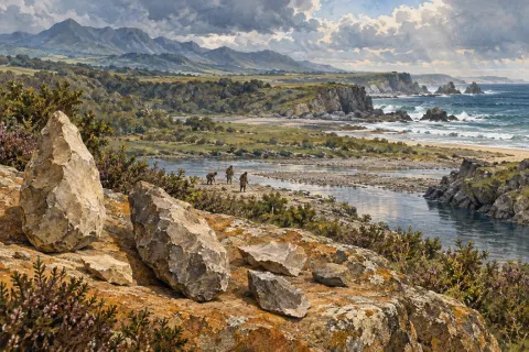 Herramientas de piedra junto a un río y un pequeño grupo humano al fondo.