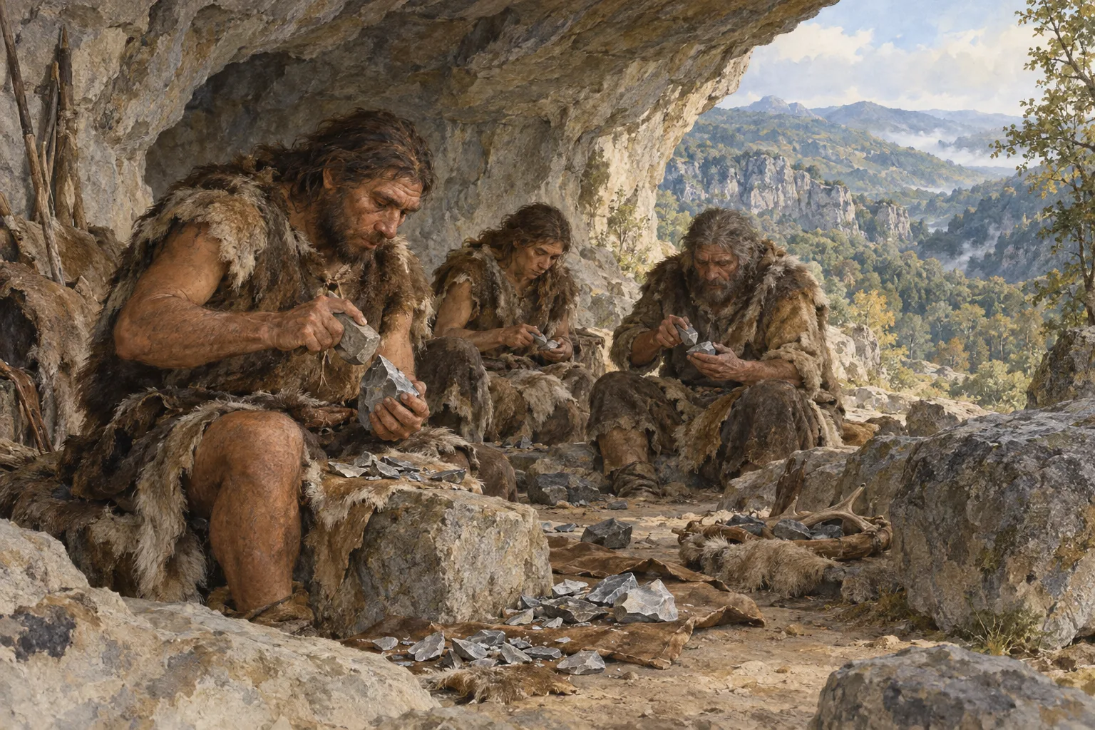 Grupo de neandertales trabajando la piedra en un abrigo rocoso.