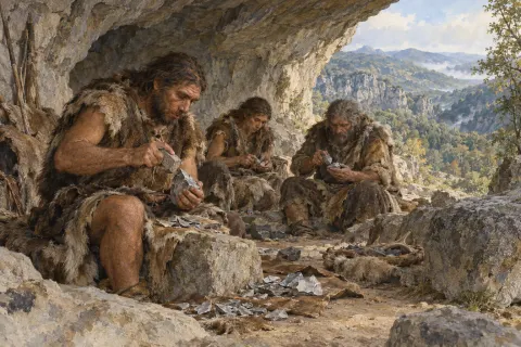 Grupo de neandertales trabajando la piedra en un abrigo rocoso.