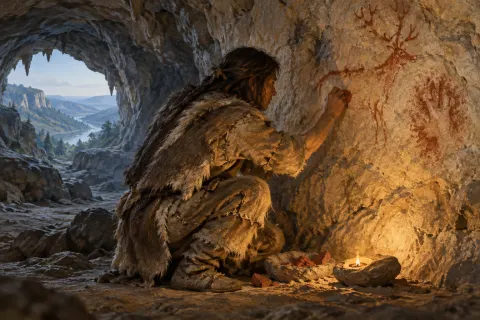 Persona pintando un ciervo en la pared de una cueva a la luz de una lámpara.