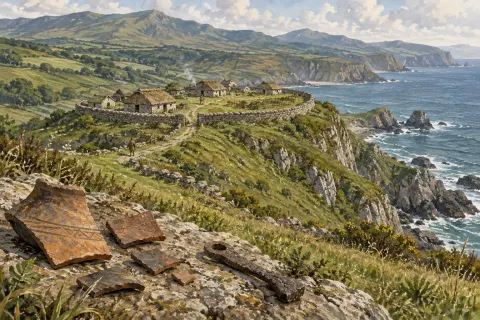 Poblado fortificado de casas de piedra y techos vegetales junto a la costa.