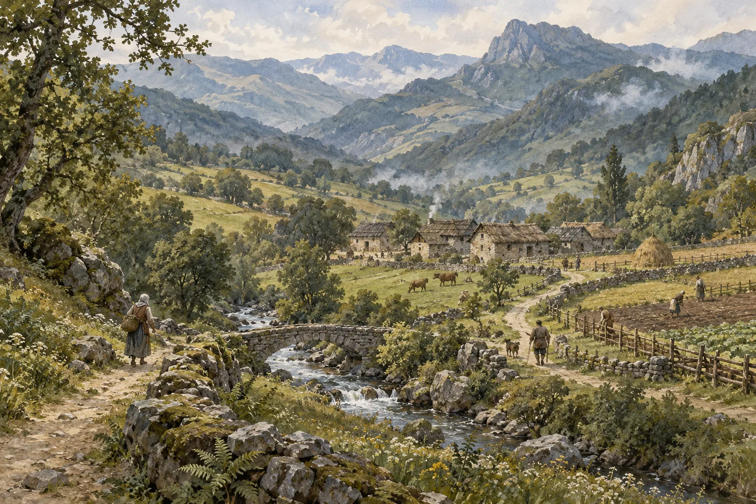 Poblado medieval imaginario entre prados y montañas cantábricas.