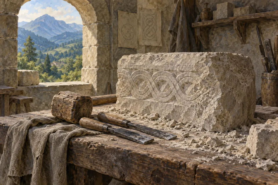 Herramientas de cantero junto a una piedra con decoración geométrica en un taller imaginario.