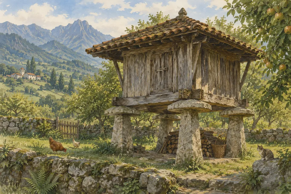 Hórreo de madera elevado sobre apoyos de piedra en un paisaje rural imaginario.