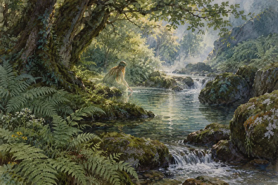 Una xana imaginaria junto a un arroyo del bosque.