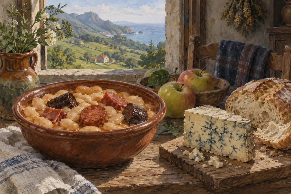 Bodegón ilustrado con fabada, queso azul, manzanas y pan.