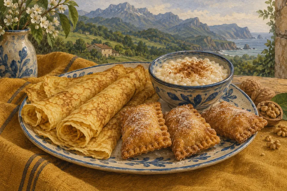 Frixuelos, casadielles y un cuenco de arroz con leche en una mesa ilustrada.