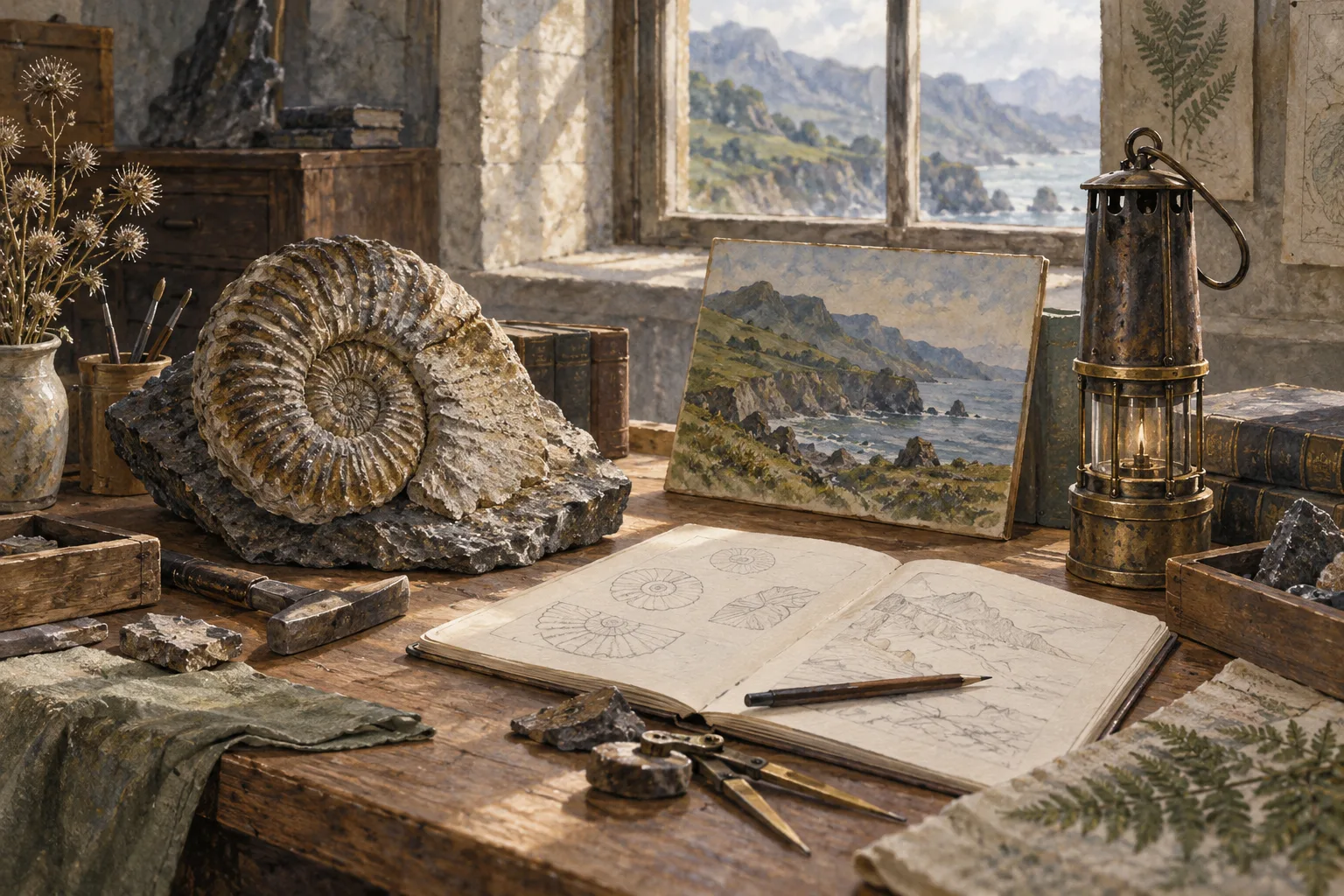 Fósil, lámpara minera y pintura anónima sobre una mesa de estudio imaginaria.