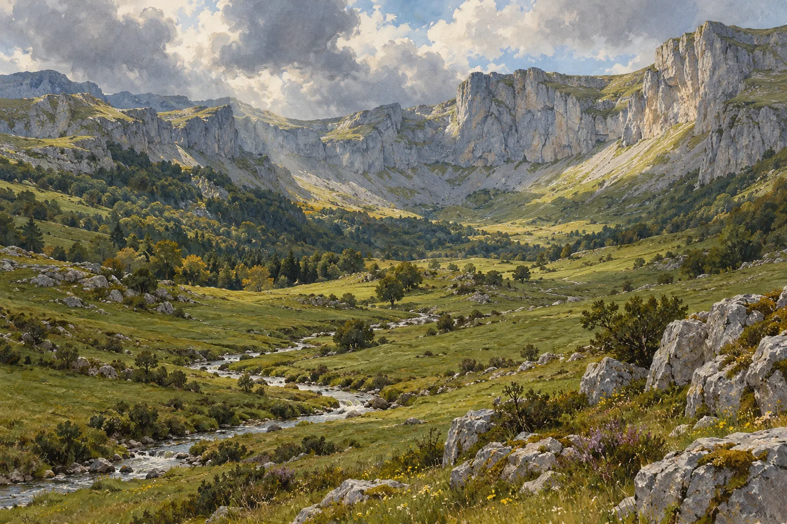 Montañas calizas y prados atravesados por un arroyo en un paisaje imaginario.