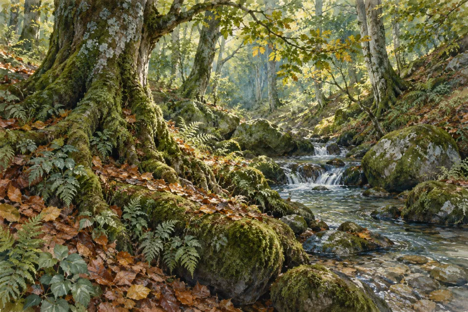 Bosque atlántico imaginario con helechos, raíces cubiertas de musgo y un arroyo.
