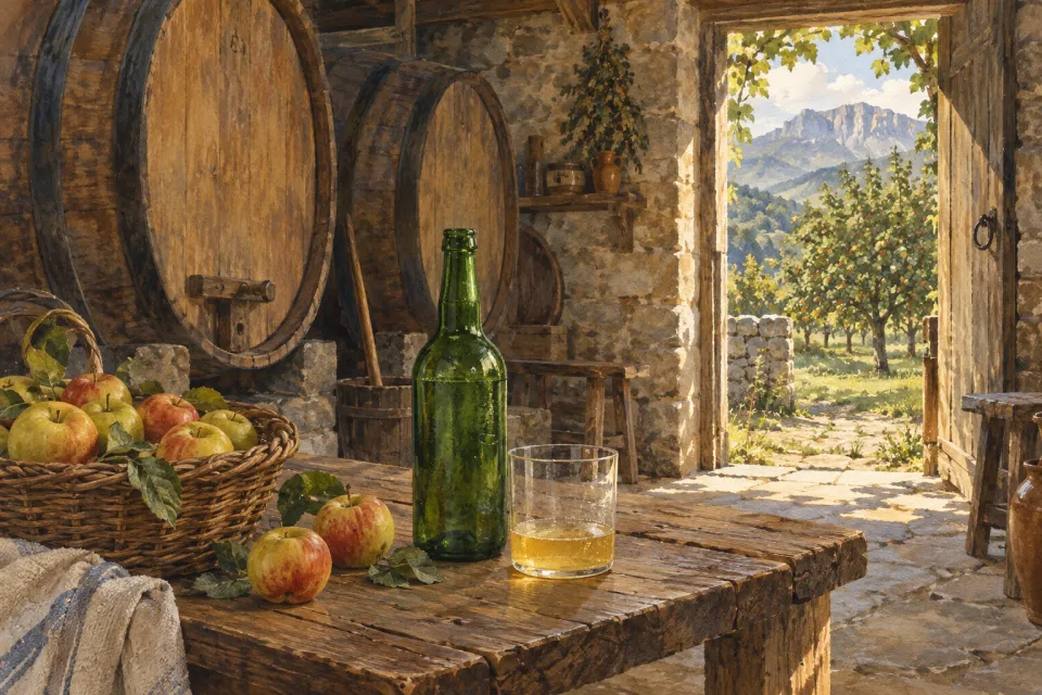 Toneles, una botella sin etiqueta, un vaso de sidra y manzanas en un llagar imaginario.