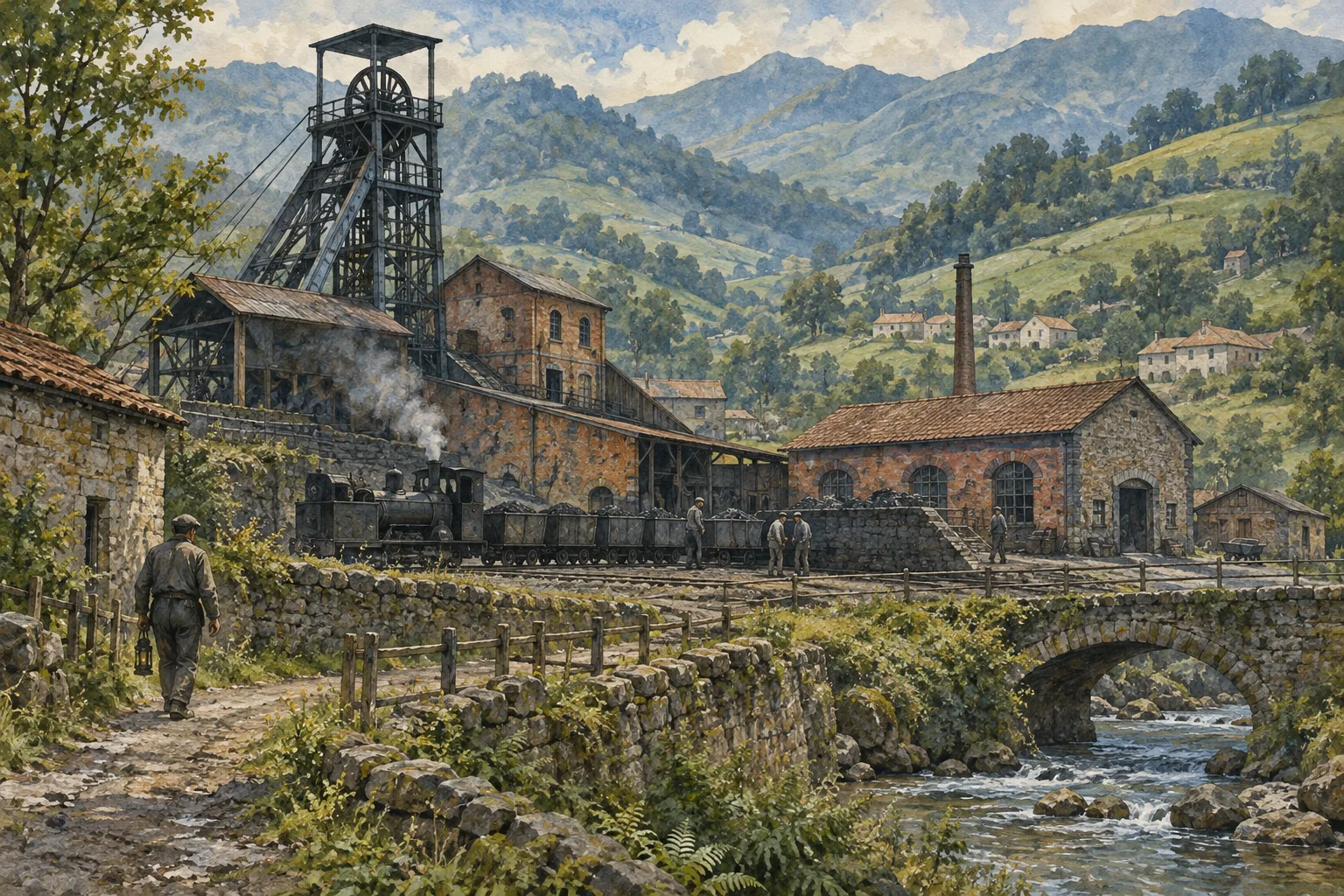 Castillete, vías y edificios mineros en un valle imaginario.