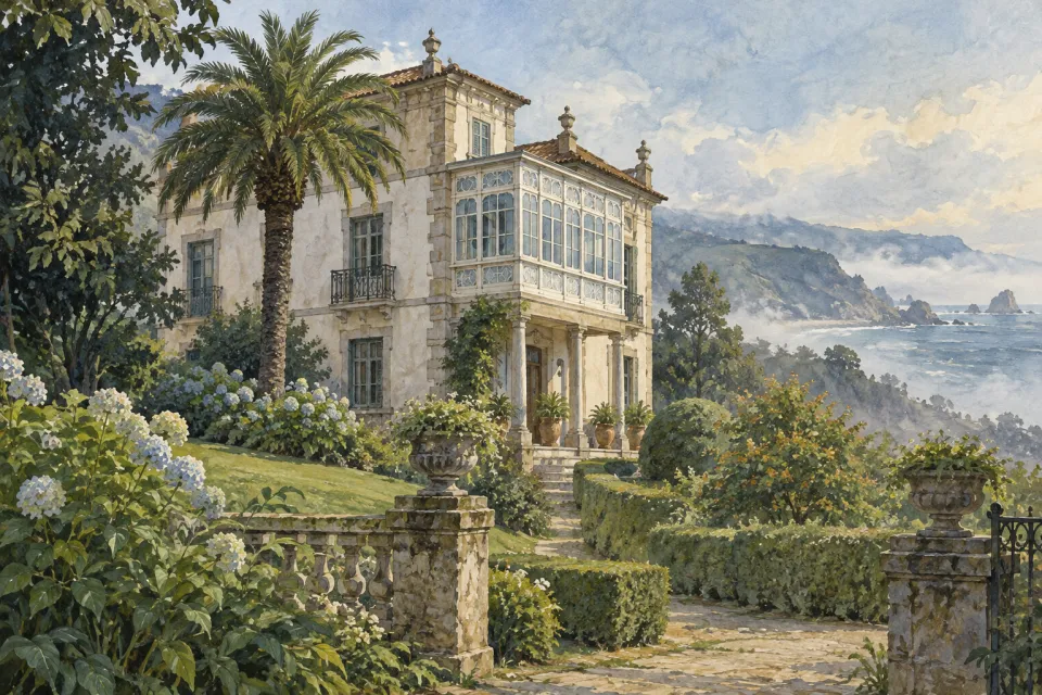 Casa de inspiración indiana con galería, jardín y palmera.