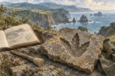 Huella tridáctila imaginaria sobre una roca, junto a un cuaderno y un pincel.