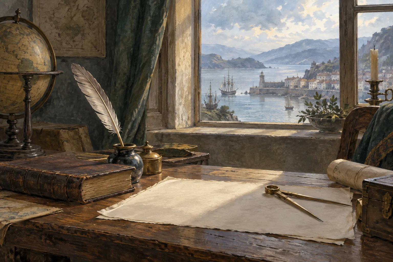 Escritorio con libro, pluma y compás ante un puerto imaginario.