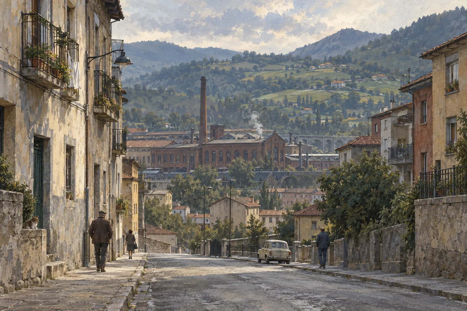 Calle, viviendas y edificios industriales en un valle imaginario.