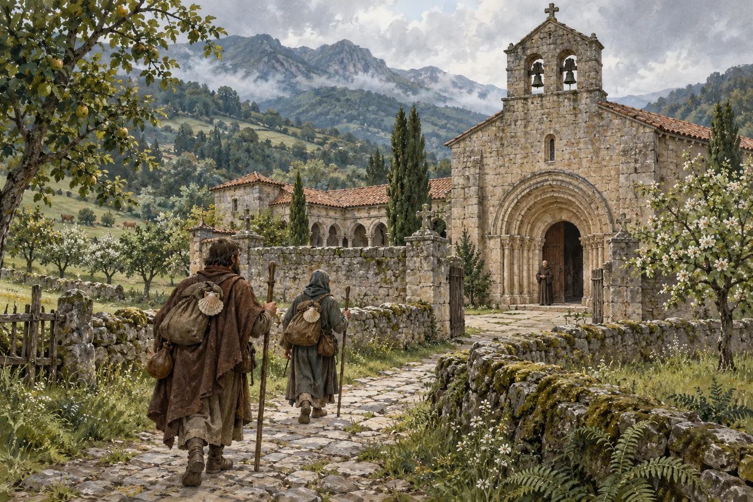 Peregrinos en el camino de entrada a un monasterio medieval.