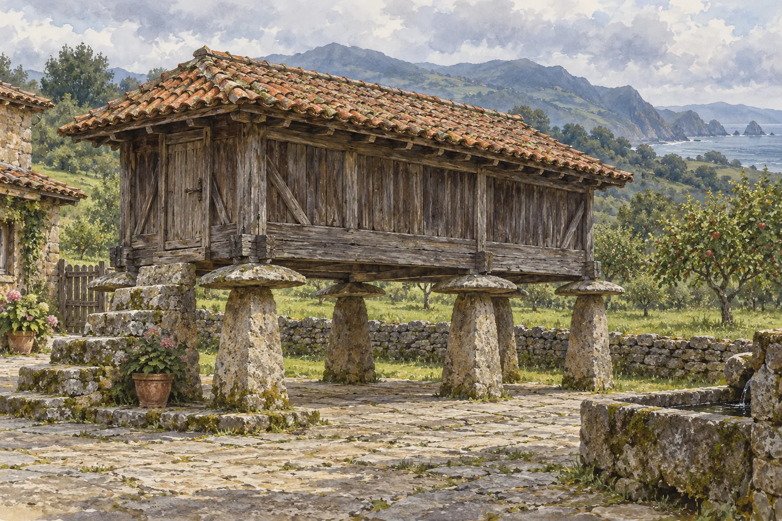 Panera de madera con tejado alargado y apoyos de piedra.