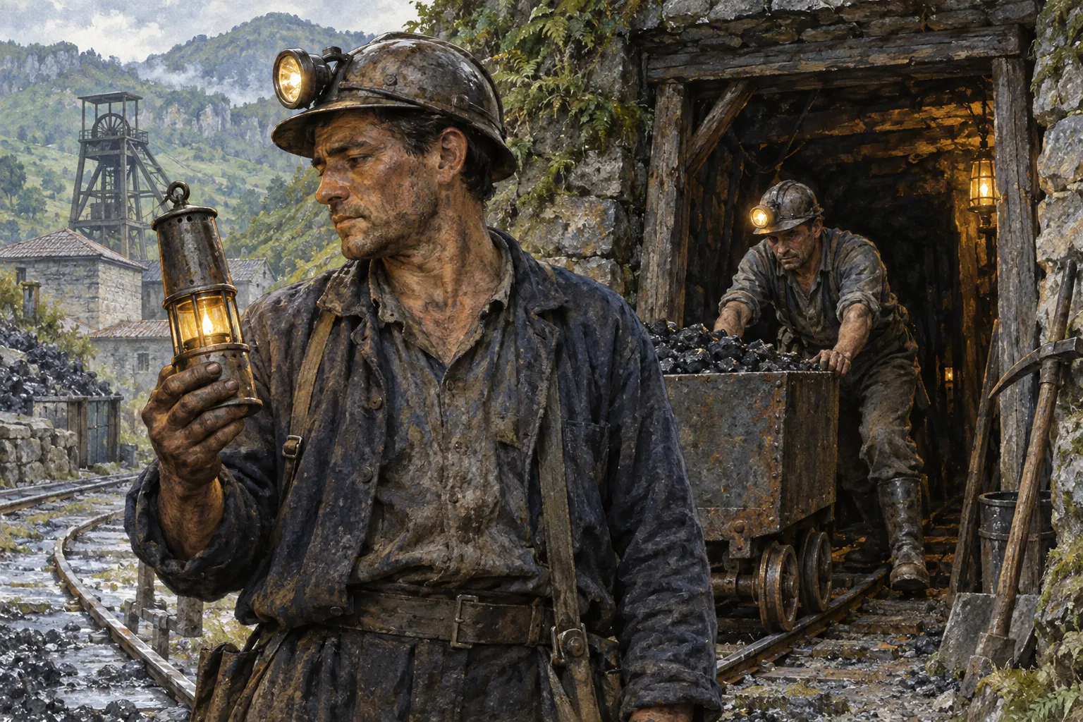 Mineros con una lámpara y una vagoneta a la entrada de una mina.