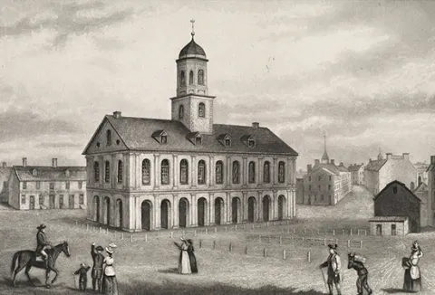 Ilustración del mercado Faneuil Hall de 1775 en Boston