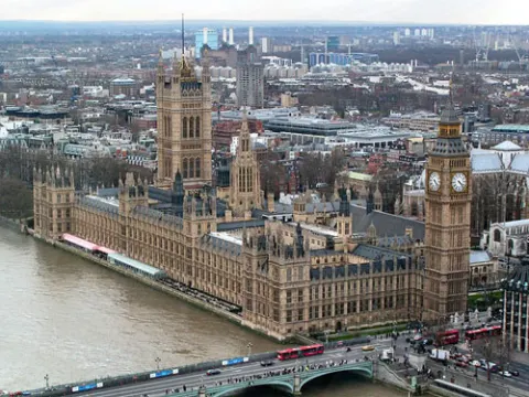 Foto aérea del Palacio de Westminster (Parlamento, cámara de los comunes y de los Lores)